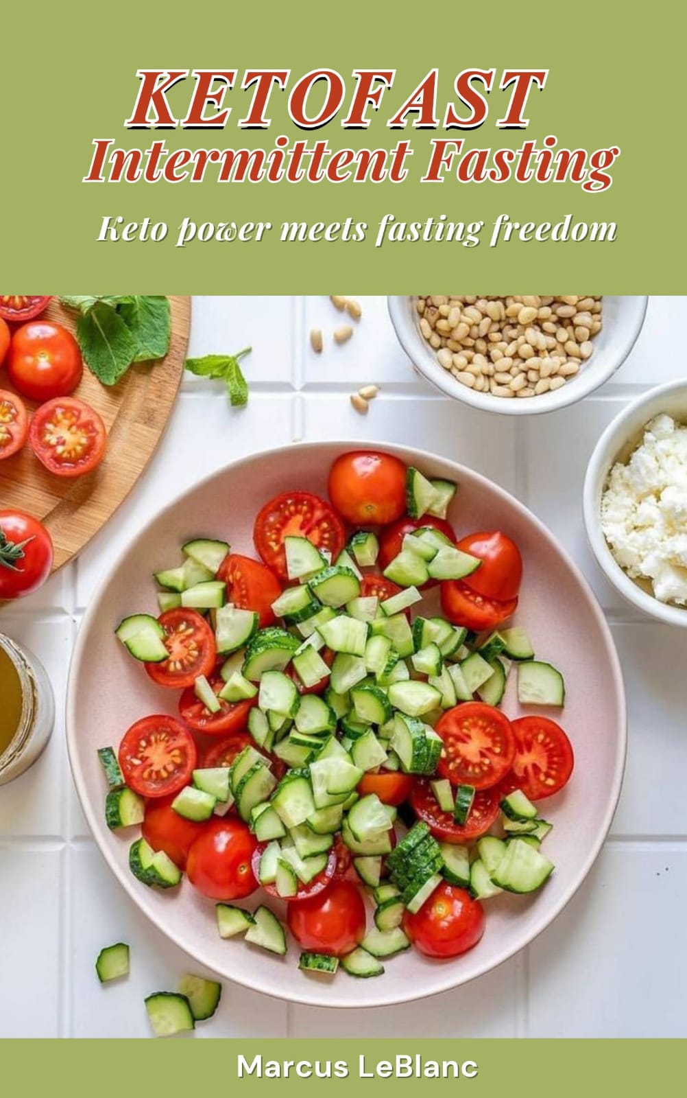 Ketogenic dish with vegetables and nuts on a white surface, featuring text about intermittent fasting.